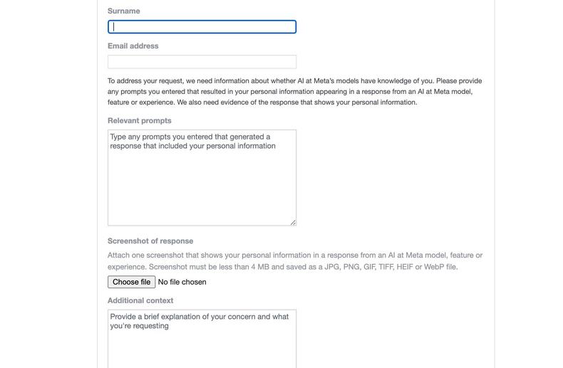 Meta's form asks users for evidence that their personal information is being scraped.Facebook screenshot