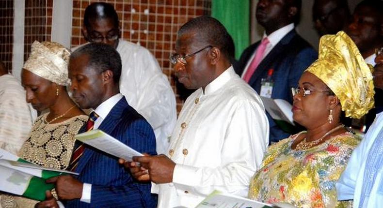 President Goodluck Jonathan, Vice President-elect, Yemi Osinbajo and their wives attend Inauguration service in Abuja on May 24, 2015.