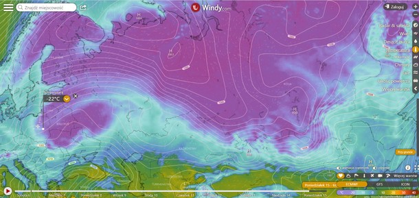 Wielka fala mrozu znad Rosji nadciąga nad Polskę. Prognoza serwisu Windy.com na połowę lutego. 