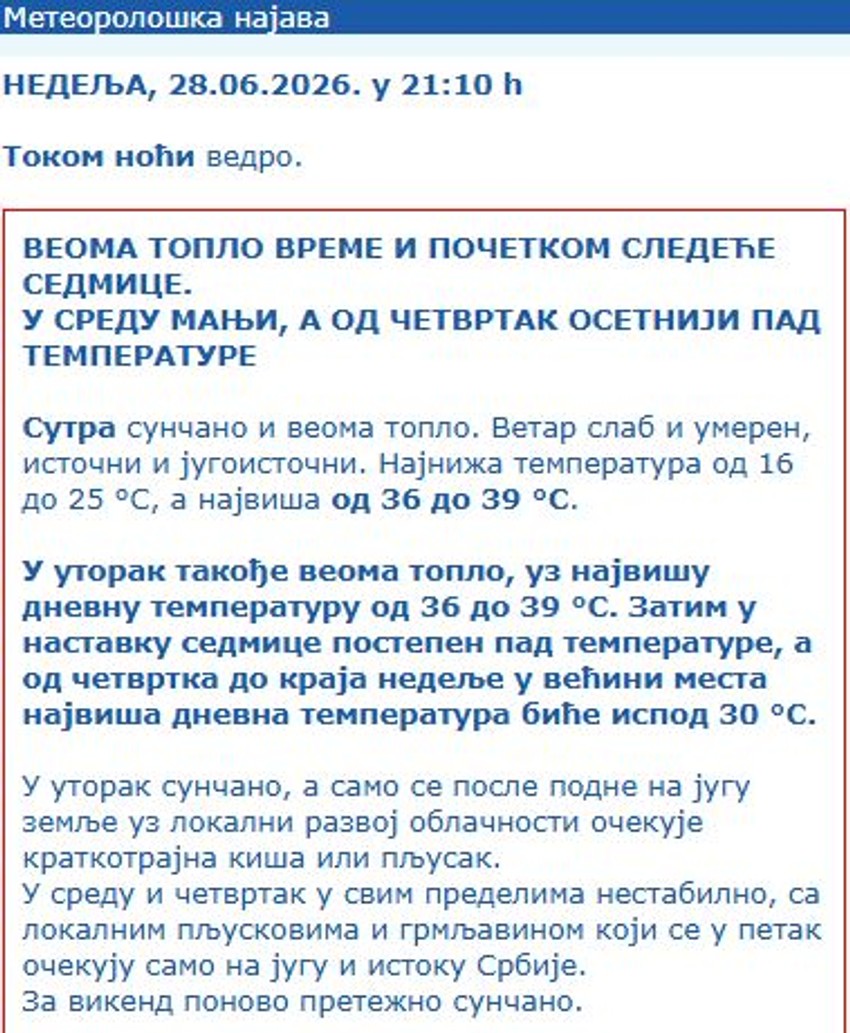 Vremenska prognoza za narednu sedmicu