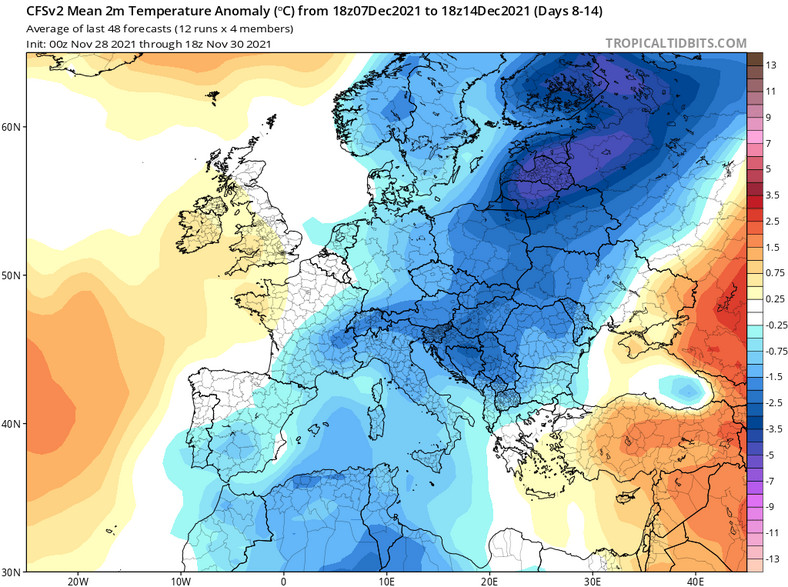 Anomalia temperatury w Europie od 7 do 14 grudnia 2021 r.