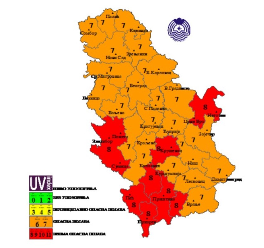 Mapa UV indeksa za subotu