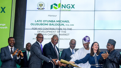 From left: Group CEO, Nigerian Exchange Group (NGX) Plc, Mr. Oscar Onyema; CEO of NGX Limited, Mr. Temi Popoola; Mr. Ladi Balogun, Mr. Jide Balogun, Mr. Bolaji Balogun and Mr. Gboyega Balogun (all children of the late Founder of FCMB Group, Otunba Olasubomi Balogun); Mrs. Emma Balogun, wife of Gboyega and Chairman, NGX) Plc, Alhaji Umaru Kwarainga, during a Special Trading Session organised in honour of late Otunba Balogun by the NGX yesterday (July 3, 2023), in Lagos.
