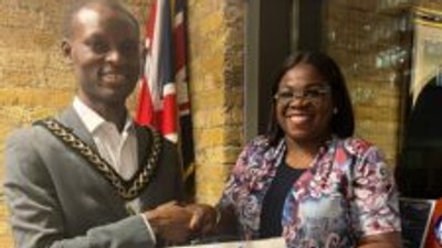 Mayor of the London Borough of Southwark, Mr John Situ receiving the Founder of IA Foundation, Mrs Ibironke Adeagbo in London on Sunday.