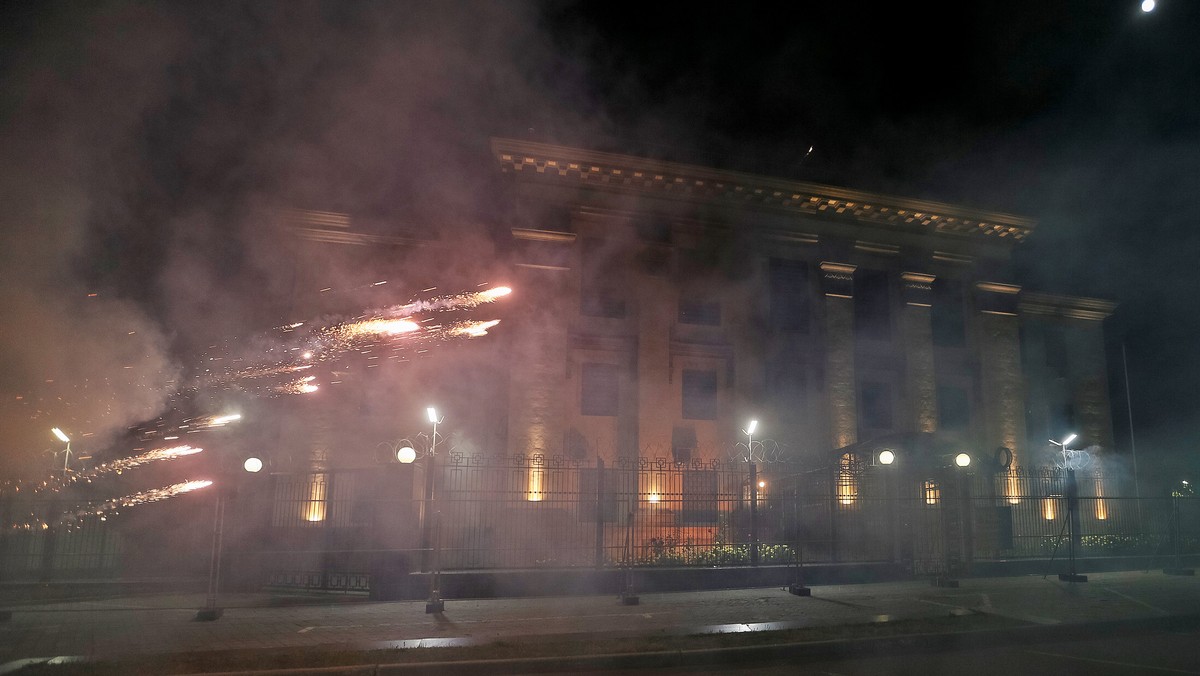 Fireworks launched protesters, explode near the Russian embassy during the protest in Kiev