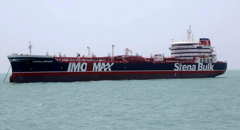 A British-flagged oil tanker Stena Impero which was seized by the Iran's Revolutionary Guard on Friday is photographed in the Iranian port of Bandar Abbas, Saturday, July 20, 2019. The chairman of Britain's House of Commons Foreign Affairs Committee says military action to free the oil tanker seized by Iran would not be a good choice. Tom Tugendhat said Saturday it would be