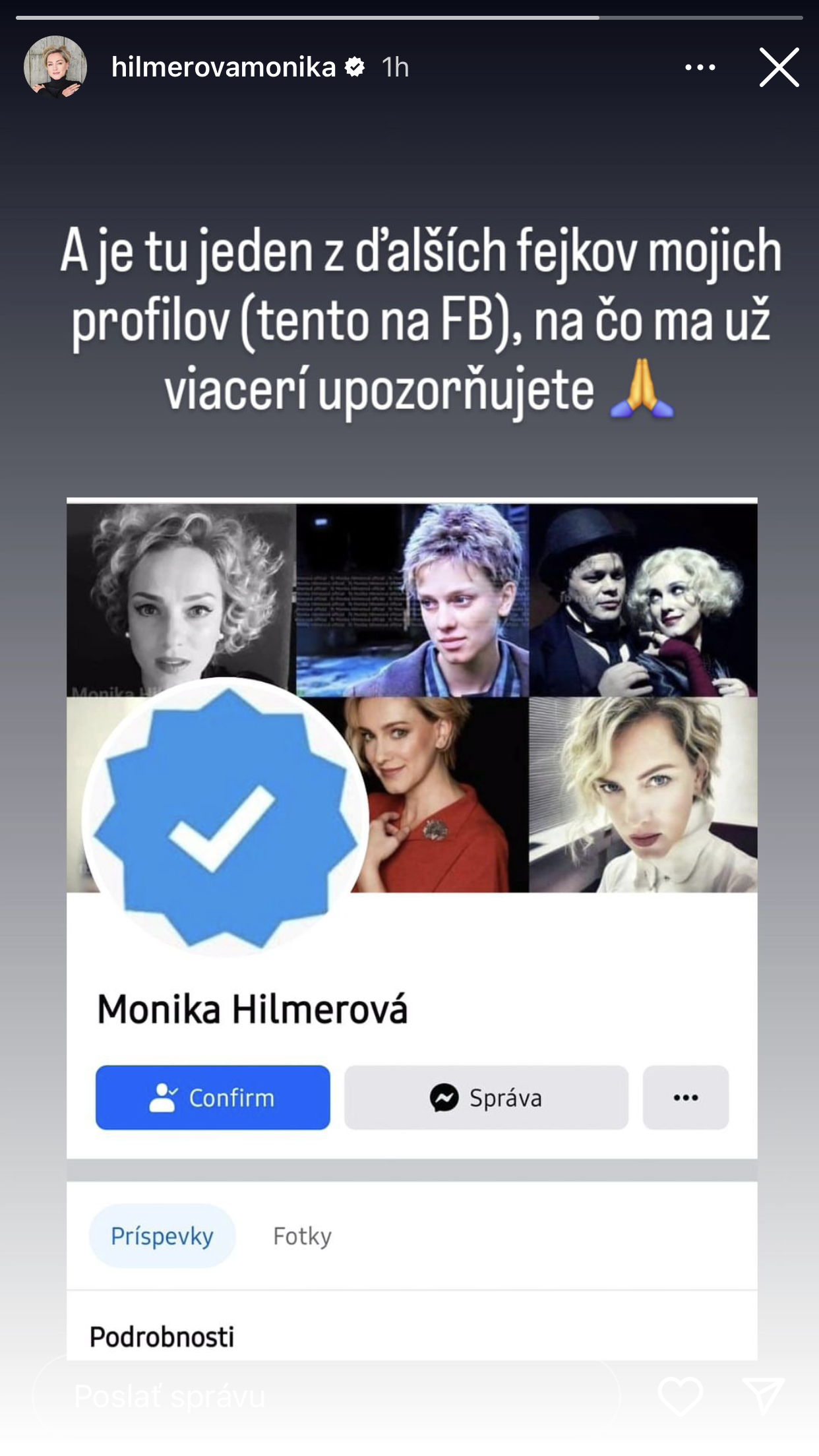 Slovenská herečka Monika Hilmerová upozorňuje na fejkový profil.
