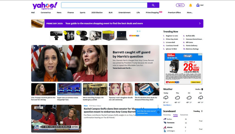 Znane strony dawniej i dziś - Yahoo w 2020 roku