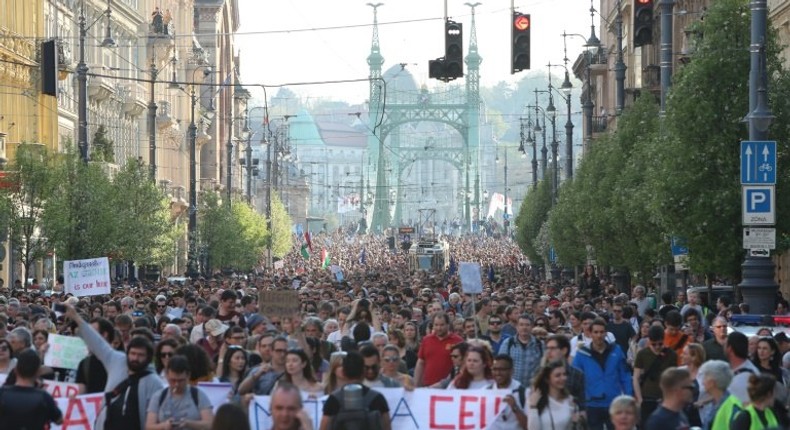 People demonstrate in support of the Central European University (CEU) in Budapest on April 2, 2017, following allegations of the Hungarian Prime Minister that the prestigious university was cheating students by breaking rules