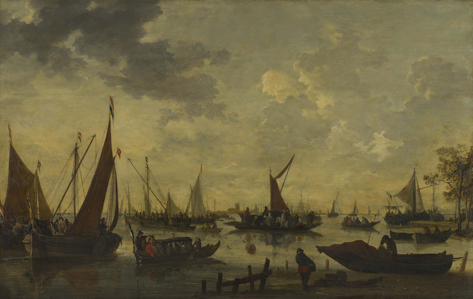 Hendrick de Meijer, "Statki i łodzie na Mozie, w oddali widok Dordrechtu z Grote Kerk"
