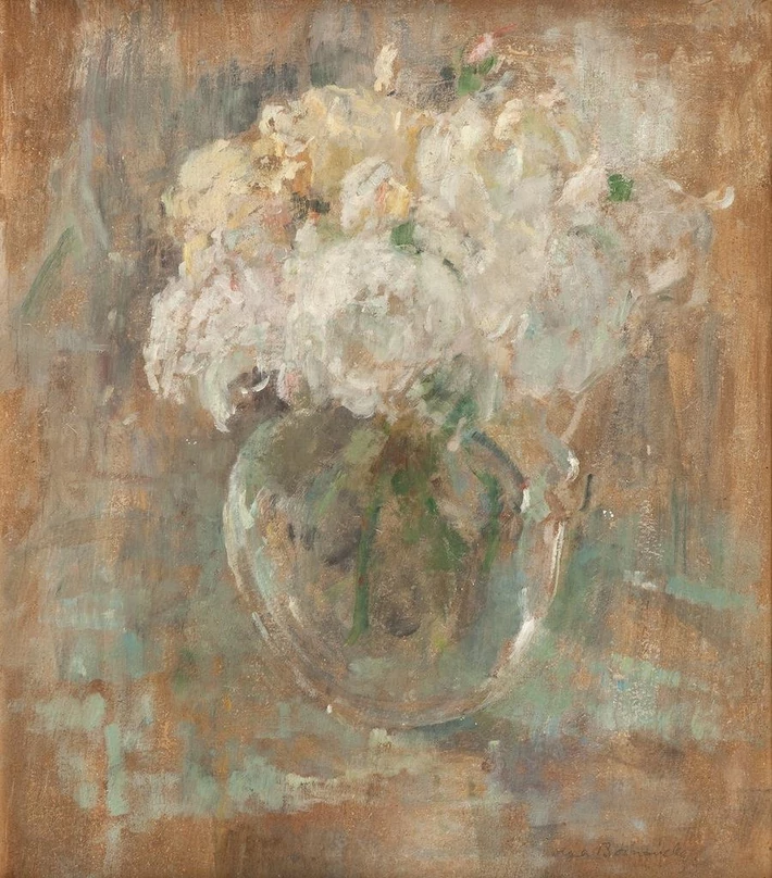 Olga Boznańska (1865 Kraków - 1940 Paryż) 005 Białe róże olej/tektura, 54,5 x 47 cm, fot. Desa Unicum