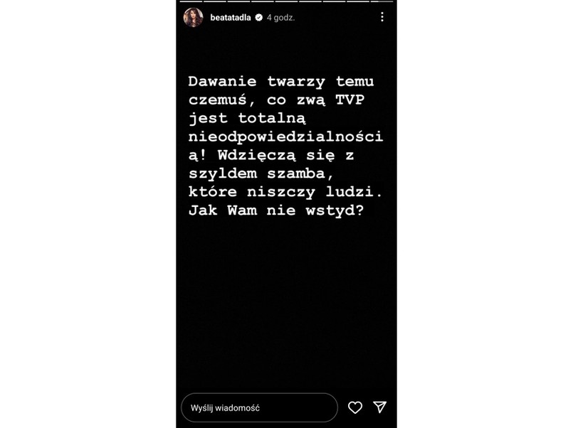 Widok InstaStories zamieszczonego na profilu Beaty Tadli na Instagramie