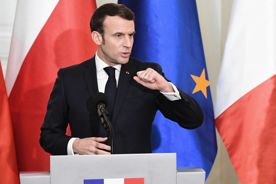 Warszawa, 3.02.2020. Prezydent Francji Emmanuel Macron podczas spotkania z przedstawicielami mediów w Pałacu Prezydenckim