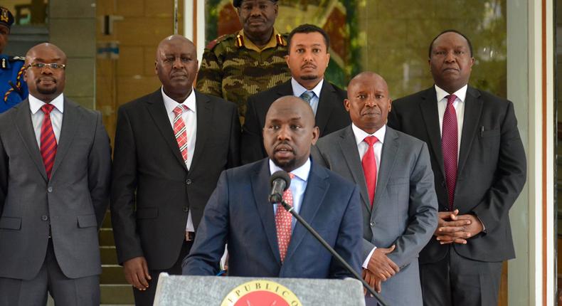 Transport CS Kipchumba Murkomen speaking during a past media briefing at Harambee House