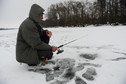 Wędkarz łowi ryby spod lodu
