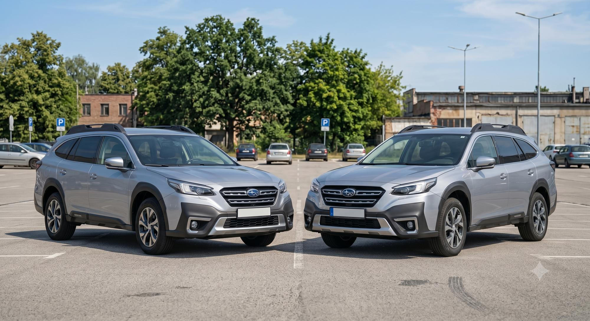 Porovnanie nového a päťročného SUV na parkovisku. Vizuálny rozdiel je minimálny, finančný rozdiel môže dosiahnuť desiatky tisíc eur v závislosti od zvolenej značky. 