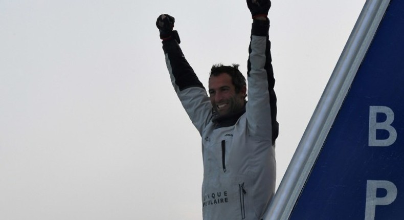 French skipper Armel Le Cleac'h celebrates victory in the Vendee Globe solo round the world yacht race at Les Sables d'Olonne, France, on January 19, 2017