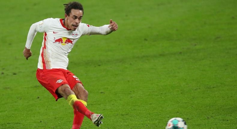 Yussuf Poulsen scores RB Leipzig's winning goal against Wolfsburg in Wednesday's German Cup quarter-final