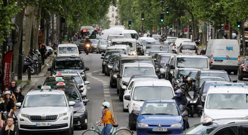 Traffic builds up on Beaumarchais boulevard in Paris after France eased lockdown measures taken to curb the spread of COVID-19