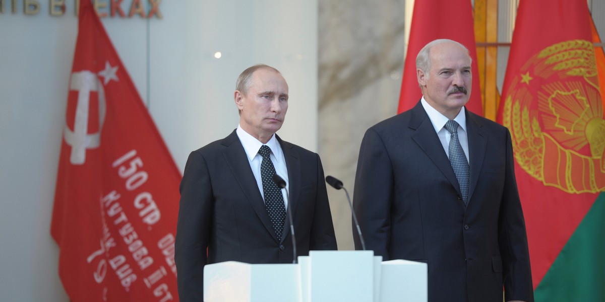 Russian President Vladimir Putin and Belarusian President Alexander Lukashenko during a ceremony to mark the 70th anniversary of the liberation of Belarus from Nazi occupation, at the Belarusian State Museum of the Great Patriotic War in Minsk, July 2, 2014