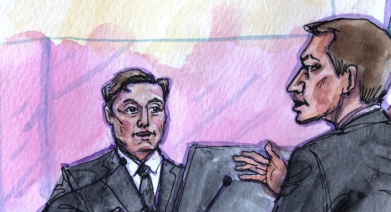 Sketch of Tesla CEO Elon Musk being questioned by his attorney Alex Spiro during a securities-fraud trial at federal court in San Francisco, California, on January 23, 2023.Vicki Behringer/Reuters