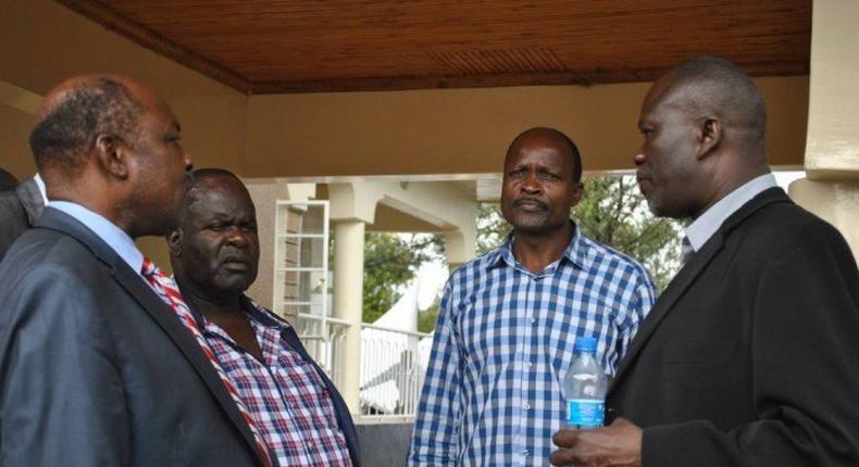 Luo Nyanza Governros; Jack Ranguma-Kisumu, Cyprian Awiti-Homabay, Okoth Obado-Migori and Amoth Rasanga-Siaya at Raila's home in Bondo after meeting the party leader.
