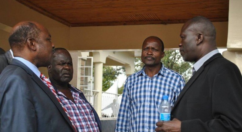 Luo Nyanza Governros; Jack Ranguma-Kisumu, Cyprian Awiti-Homabay, Okoth Obado-Migori and Amoth Rasanga-Siaya at Raila's home in Bondo after meeting the party leader.