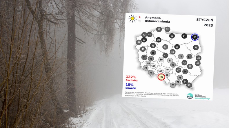 Mamy wyjątkowo pochmurny styczeń. Słońce świeci niezwykle rzadko (mapa: IMGW-PIB)