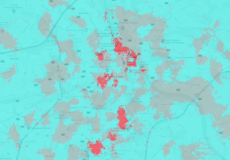 Mapa zasięgu 5G w Plusie - Warszawa