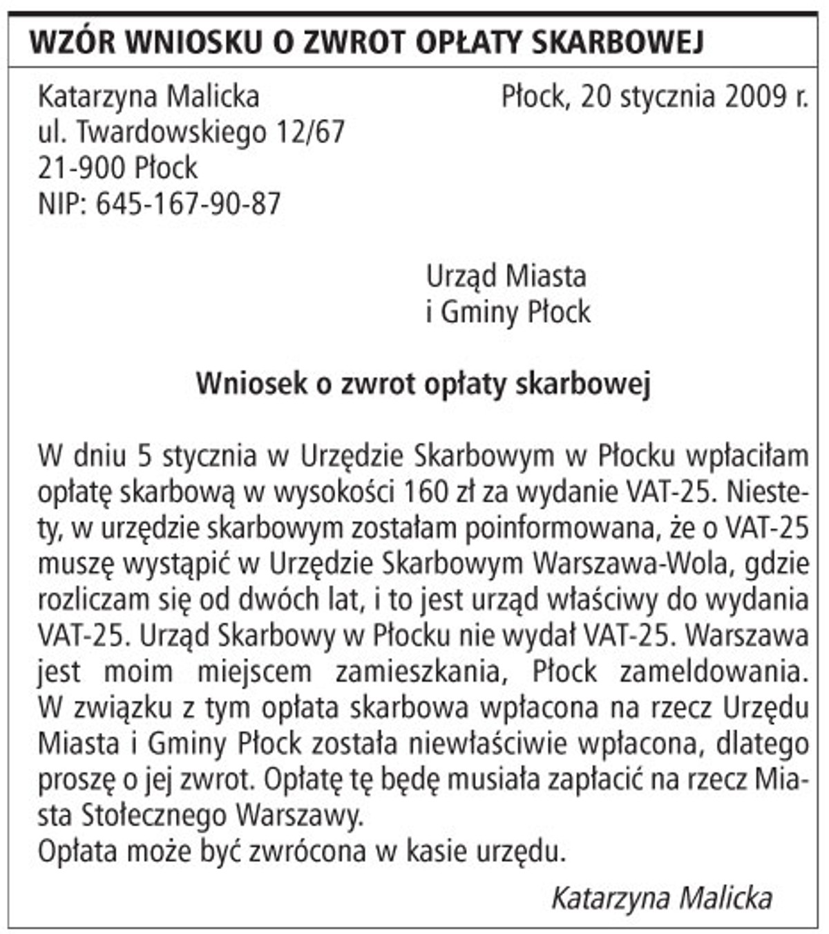 Wzór wniosku o zwrot opłaty skarbowej