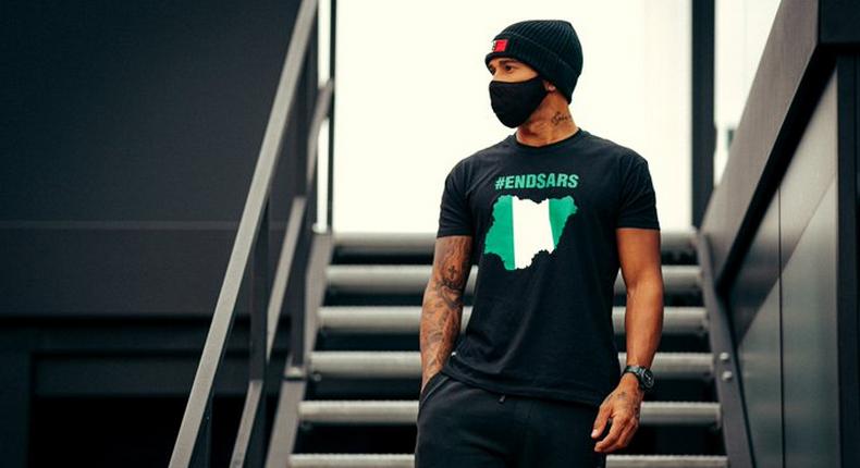During his pre-race interview with SKY SPORTS, Lewis Hamilton made a more definitive statement by donning an #EndSARS T-shirt to protest against police violence in Nigeria 