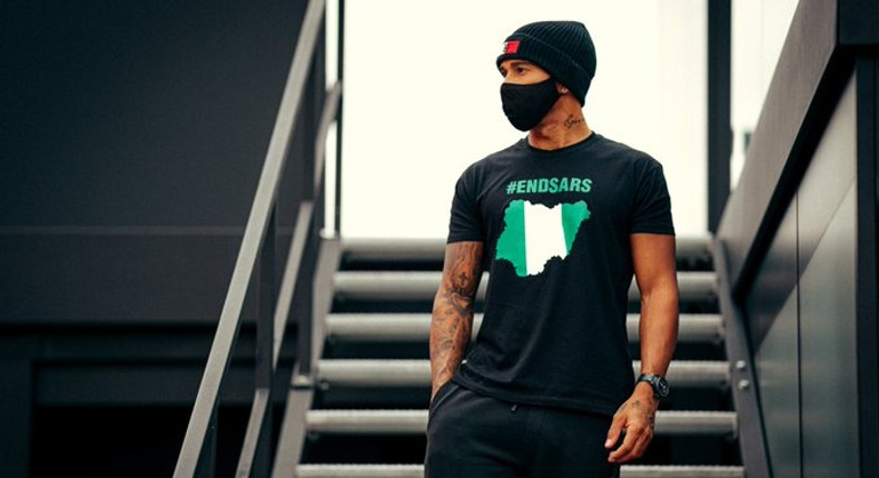 During his pre-race interview with SKY SPORTS, Lewis Hamilton made a more definitive statement by donning an #EndSARS T-shirt to protest against police violence in Nigeria 