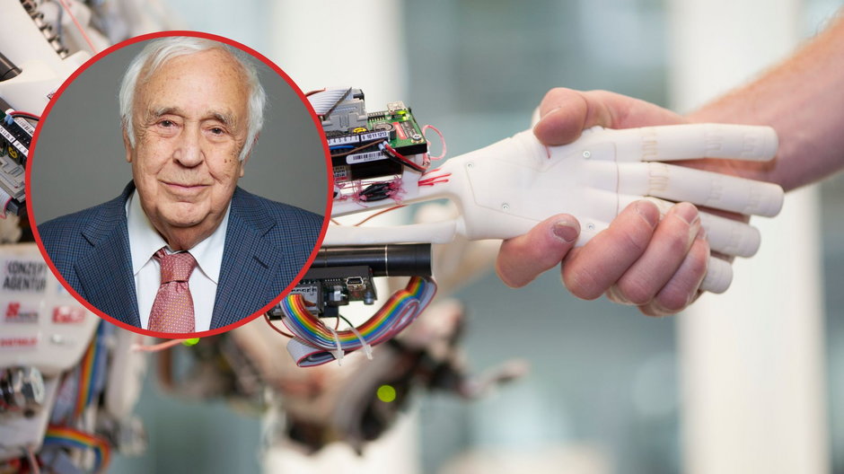 Autor artykułu Robert Skidelsky oraz humanoidalny robot opracowany przez Laboratorium Sztucznej Inteligencji Uniwersytetu w Zurychu, który podaje rękę człowiekowi