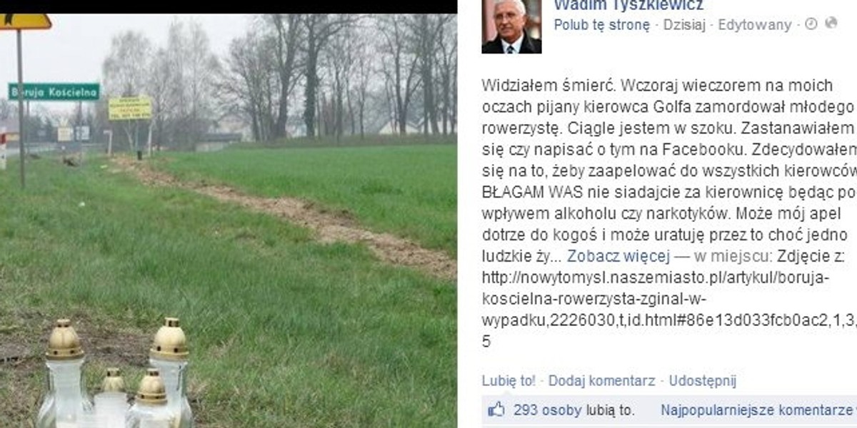 Relacja Wadima Tyszkiewicza z wypadku na facebooku