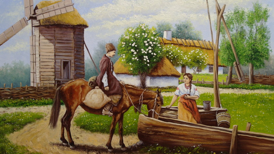 Krajobraz wiejski. Kozak na koniu i dziewczyna przy studni