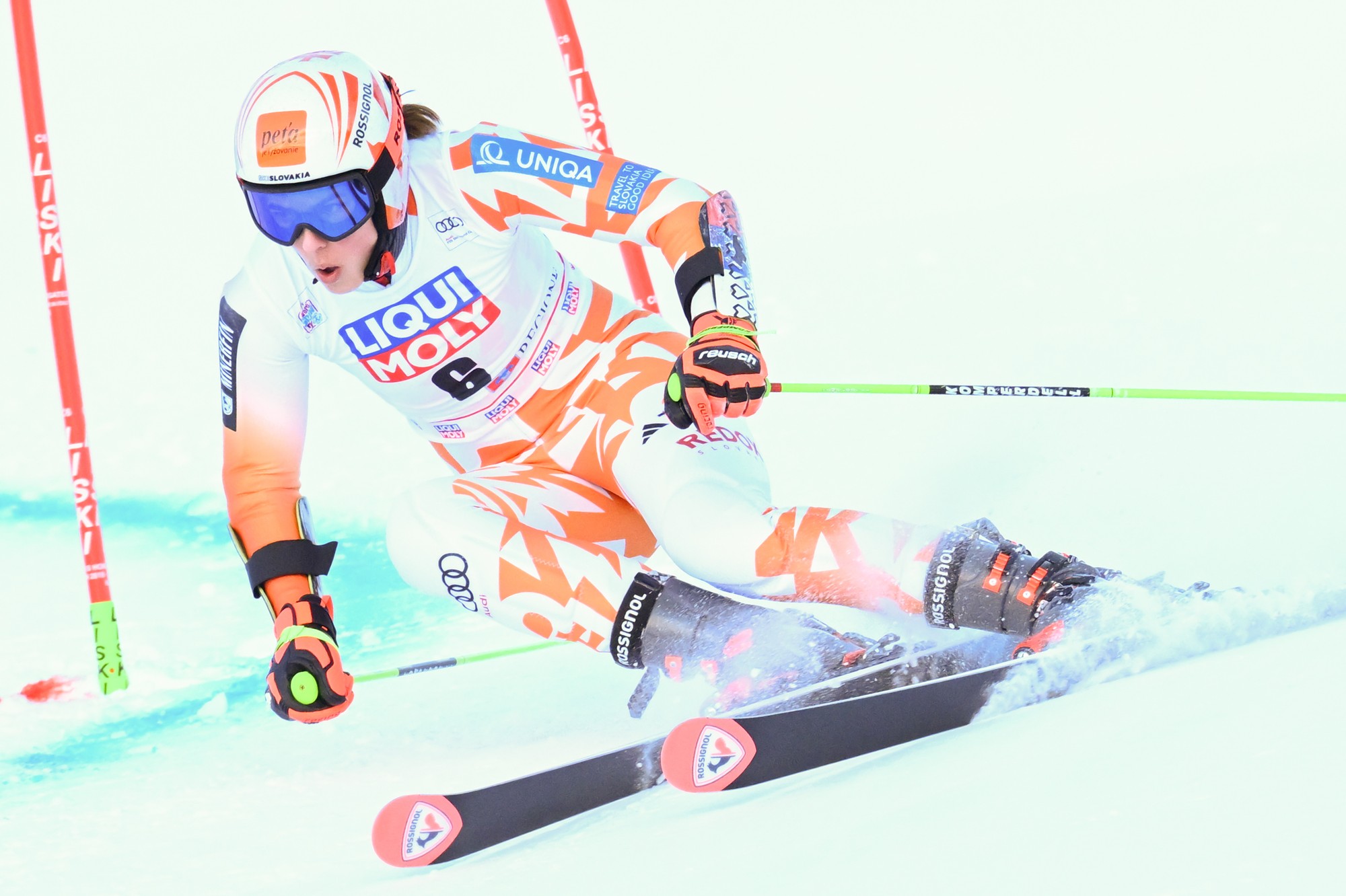 Petra Vlhová v 1. kole obrovského slalomu Svetového pohára žien v alpskom lyžovaní v talianskom Sestriere 10. decembra 2022.