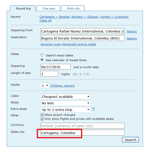 Lot z Cartageny do Bogoty. Miejsce, z którego kupujemy bilety: Cartagena