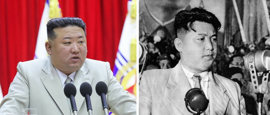 Po lewej Kim Dzong Un w wieku 37 lat (2023 r.), po prawej jego dziadek i założyciel Korei Północnej Kim Ir Sen w wieku 38 lat (1950 r.)