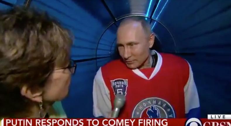 Russian President Vladimir Putin responds to questions over former FBI Director James Comey's firing in full hockey gear.