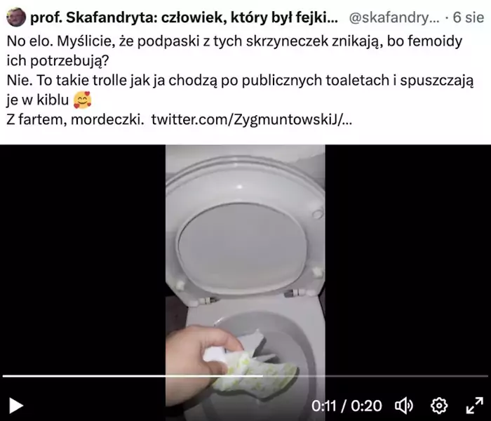 Nagrania spuszczania środków higienicznych w toalecie pojawiły się w polskiej przestrzeni na Twitterze