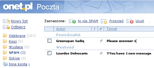 Większość skrzynek pocztowych, jak ta należąca do Onet.pl, ma filtr antyspamowy. Spam trafia do specjalnego katalogu. Ponieważ filtry nie są doskonałe, od czasu do czasu powinniśmy sprawdzić, czy ważna wiadomość nie trafiła przypadkiem do folderu ze spamem. Poza tym możemy poinformować filtr o tym, że nie chcemy, by wiadomości spod danego adresu traktował jako spam