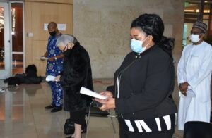 From left on front roll: Mr Cross Nsofor, son of Late Justice Sylvanus Nsofor, immediate-past Ambassador of Nigeria to the U.S.; wife of the late envoy, Mrs Jean Nsofor, and the Charge D’Affaires, Nigerian Embassy, Washington D.C., Mrs Jane Adams, at the ceremony. [NAN]