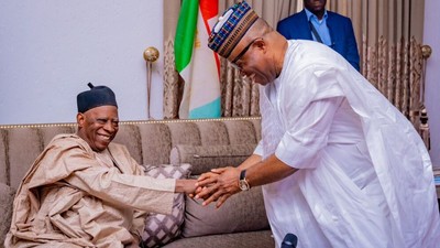 President of the Senate, Godswill Akpabio visits APC National Chairman, Senator Abdullahi Adamu. [Facebook:GodwillObotAkpabio]