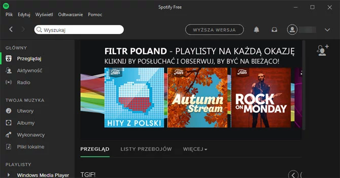 Spotify odtworzy również lokalną bibliotekę muzyczną, na przykład z programu Windows Media Player, którego listy odtwarzania są automatycznie dodawane do menu.