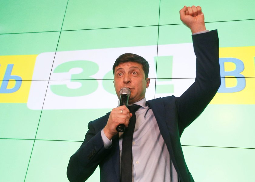 Candidate Zelenskiy speaks following the announcement of the first exit poll in Ukraine's presidenti