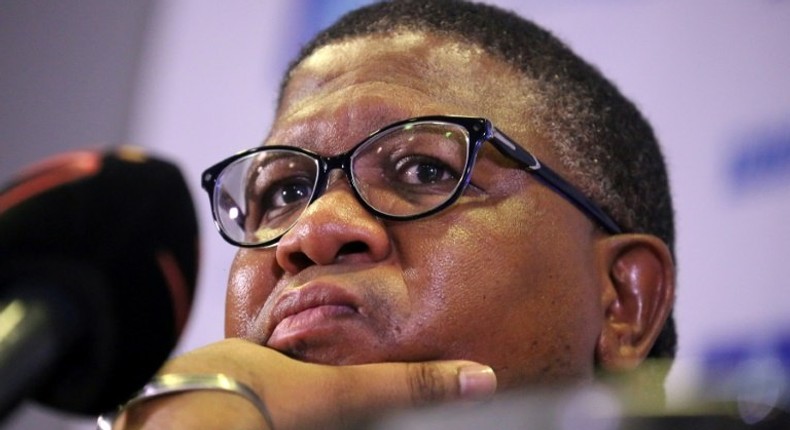 South African sports minister Fikile Mbalula addresses a press conference in Durban on March 14, 2017