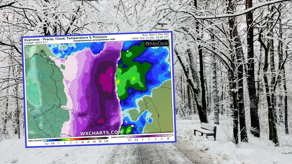 Przed nami niespokojny tydzień. Za kilka dni mogą nam zagrozić śnieżyce i ulewy (mapa: wxcharts.com)