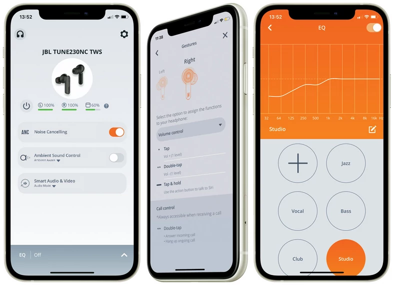 W bezpłatnej smartfonowej aplikacji Headphones firmy JBL można odczytać stan naładowania słuchawek i etui. Korektor  pozwala melomanom spersonalizować brzmienie suwakami albo wybrać któryś z presetów. Równie praktyczna funkcja: polecenia rejestrowane na bocznych panelach słuchawek można spersonalizować, więc użytkowniczki i użytkownicy mogą sami zdecydować, czy stuknięciami chcą sterować głośnością, odtwarzaniem czy redukcją hałasu. Dla każdej słuchawki istnieje kilka kombinacji poleceń