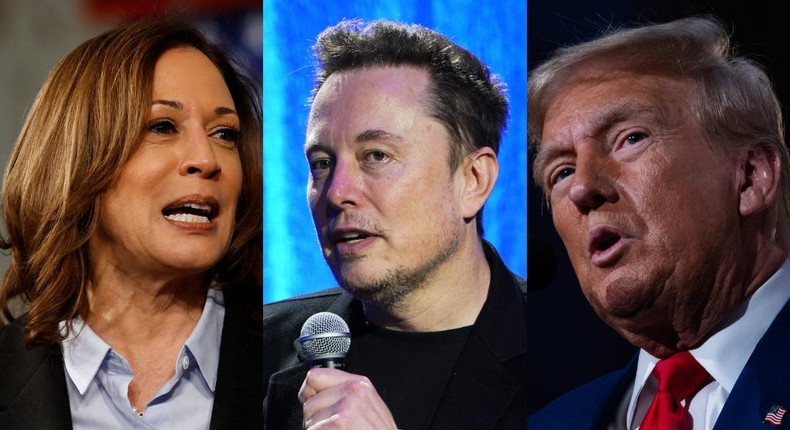 Elon Musk says Kamala Harris exceeded most people's expectations during the ABC presidential debate — but he's still going to back Trump.Jeff Kowalsky/AFP via Getty Images; Jared Siskin/Patrick McMullan via Getty Images; Spencer Platt/Getty Images