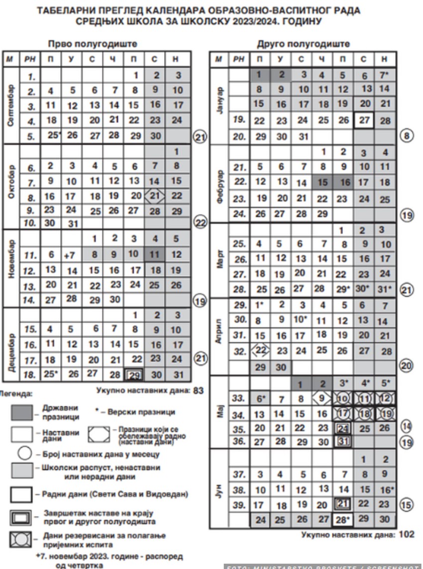 Školski kalendar za srednju školu za školsku 2023/24. godinu za centralnu Srbiju